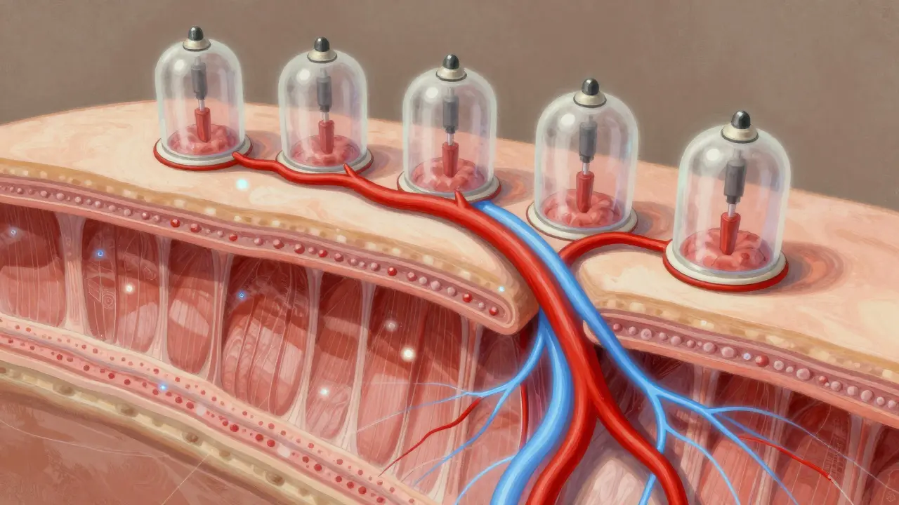 Křížový řez tkáně pod baňkou s rozšířenými cévami a lymfatickým tokem.