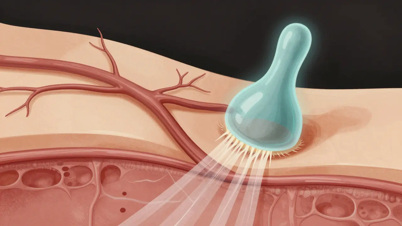 Vnitřní působení vakuoterapie: krevní cévy, lymfa a uvolněné vazivo pod kůží.