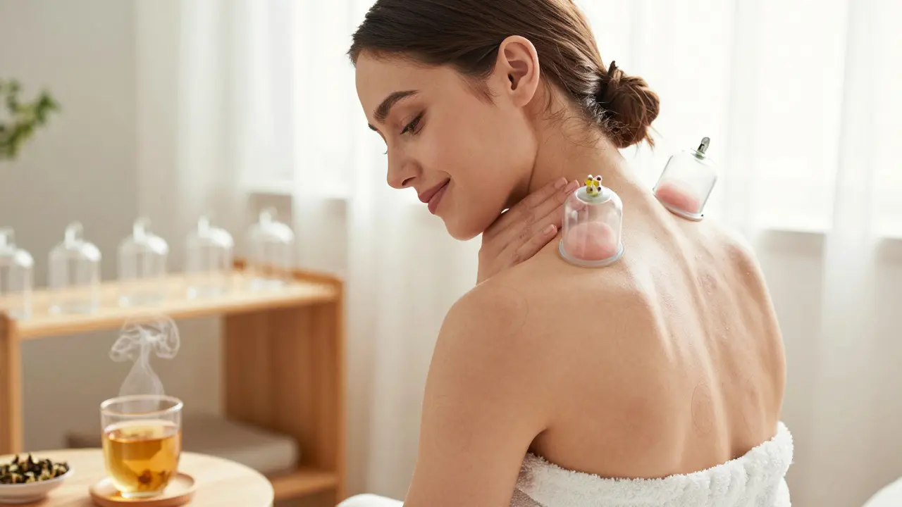 Žena se dotýká krku po baňkování, na zádech jsou vidět jemné značky.