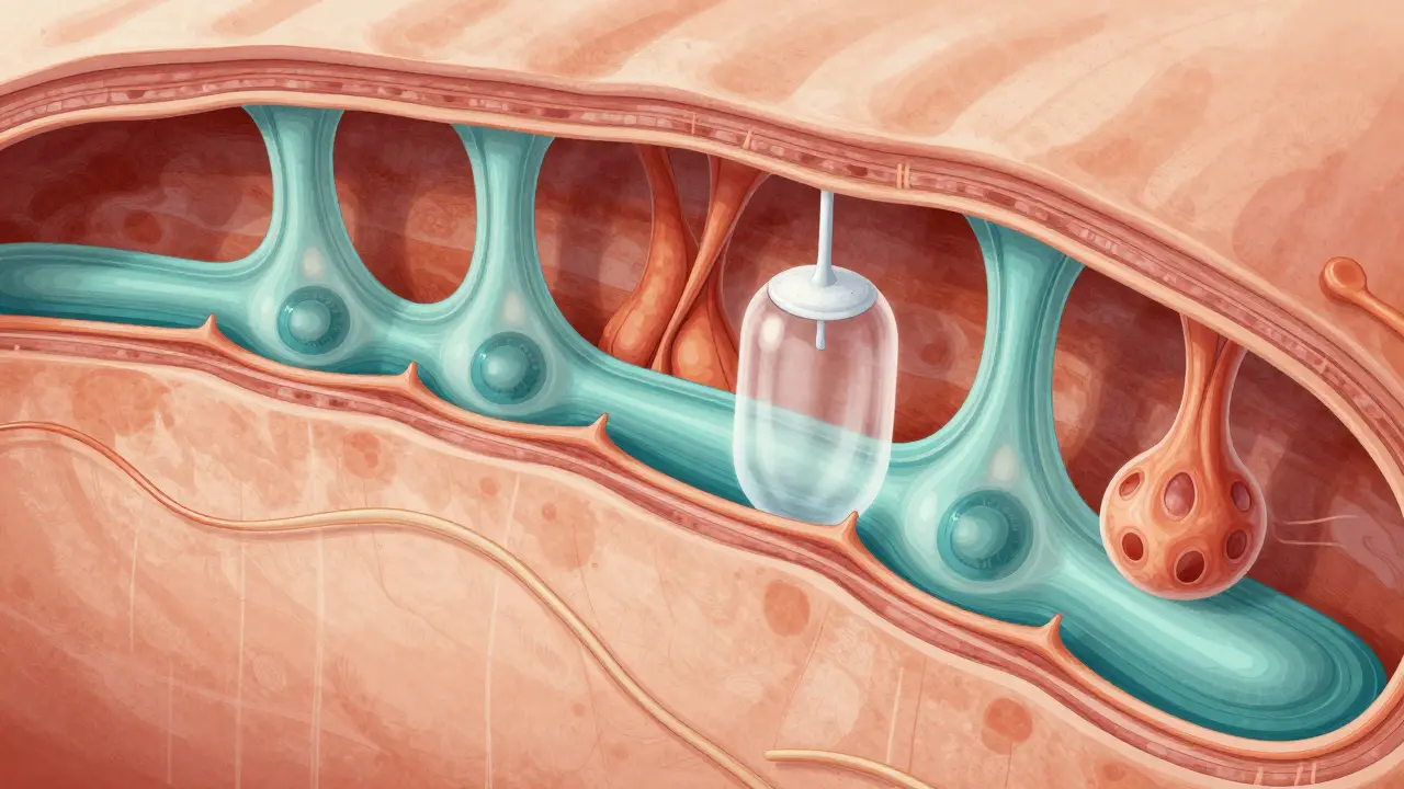 Zvětšený pohled na tkáně pod vakuoterapií: rozšířené kapiláry a pohyb lymfy.
