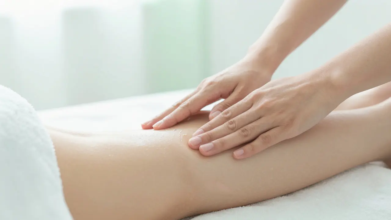 Detail jemných pohybů při lymfatické masáži pro odvod tekutin.