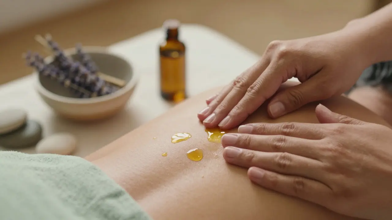 Detail ruky nanášející teplý olej na rameno s aromaterapevtickými esencemi.