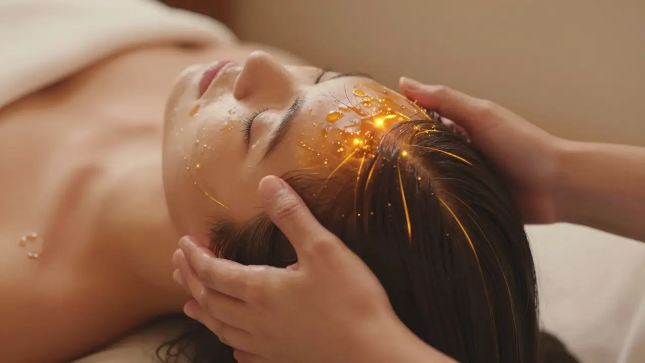 Detailní zobrazení indické masáže hlavy s teplým olejem a symbolikou energetických kanálů.