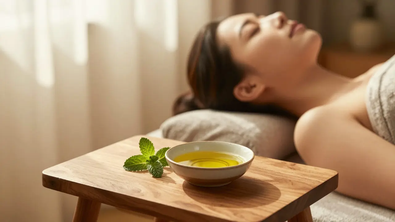 Klidné domácí prostředí s miskou teplého oleje pro relaxační rituál masáže hlavy.