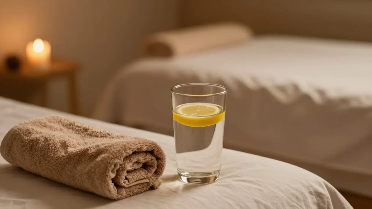 Klidné prostředí s vodou a svíčkou připravené pro spánek.