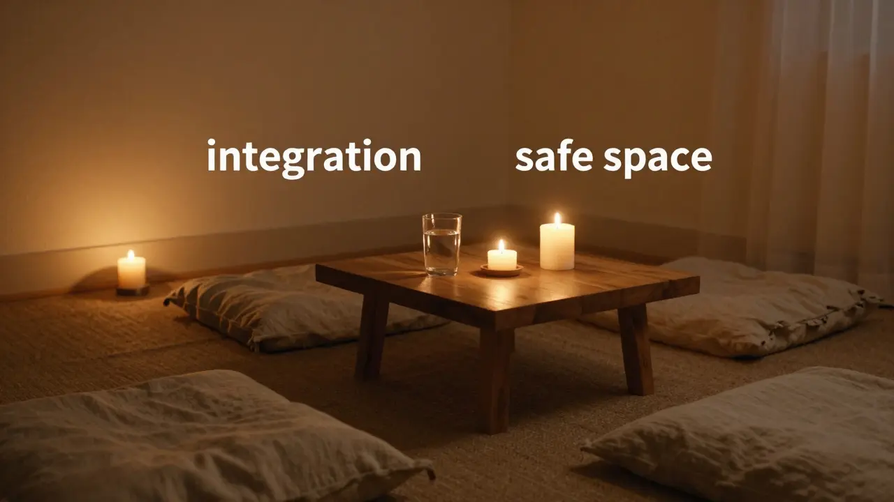 Klidný interiér s keramickou nádobou s vodou a zapálenými svíčemi v tlumeném světle.