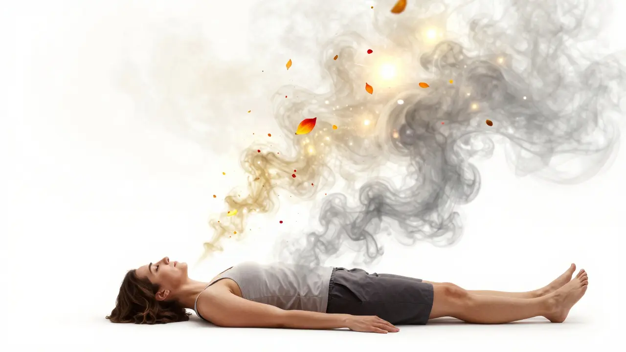 Konceptuální obraz uvolňování stresu a emocí z těla transformované do světla.