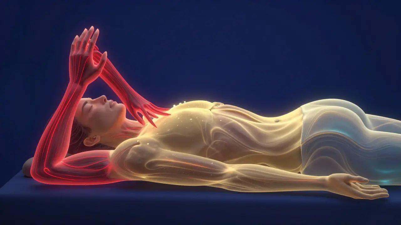 Konceptuální zobrazení přechodu stresu do hluboké relaxace.