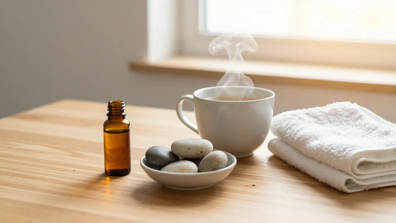 Sada pro domácí relaxaci s esenciálním olejem, bylinkovým čajem a ručníkem.