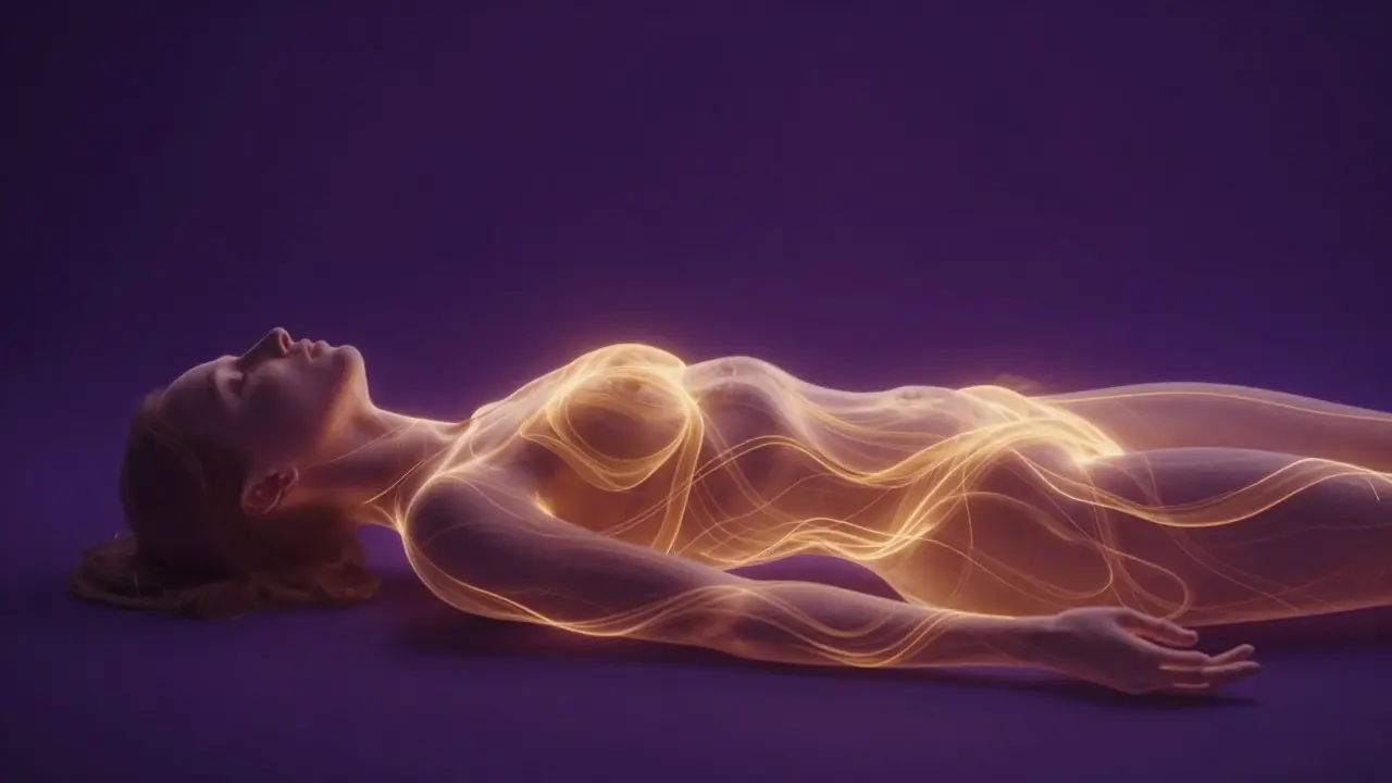 Silueta lidského těla s proudícími zlatými liniemi energie podél páteře.