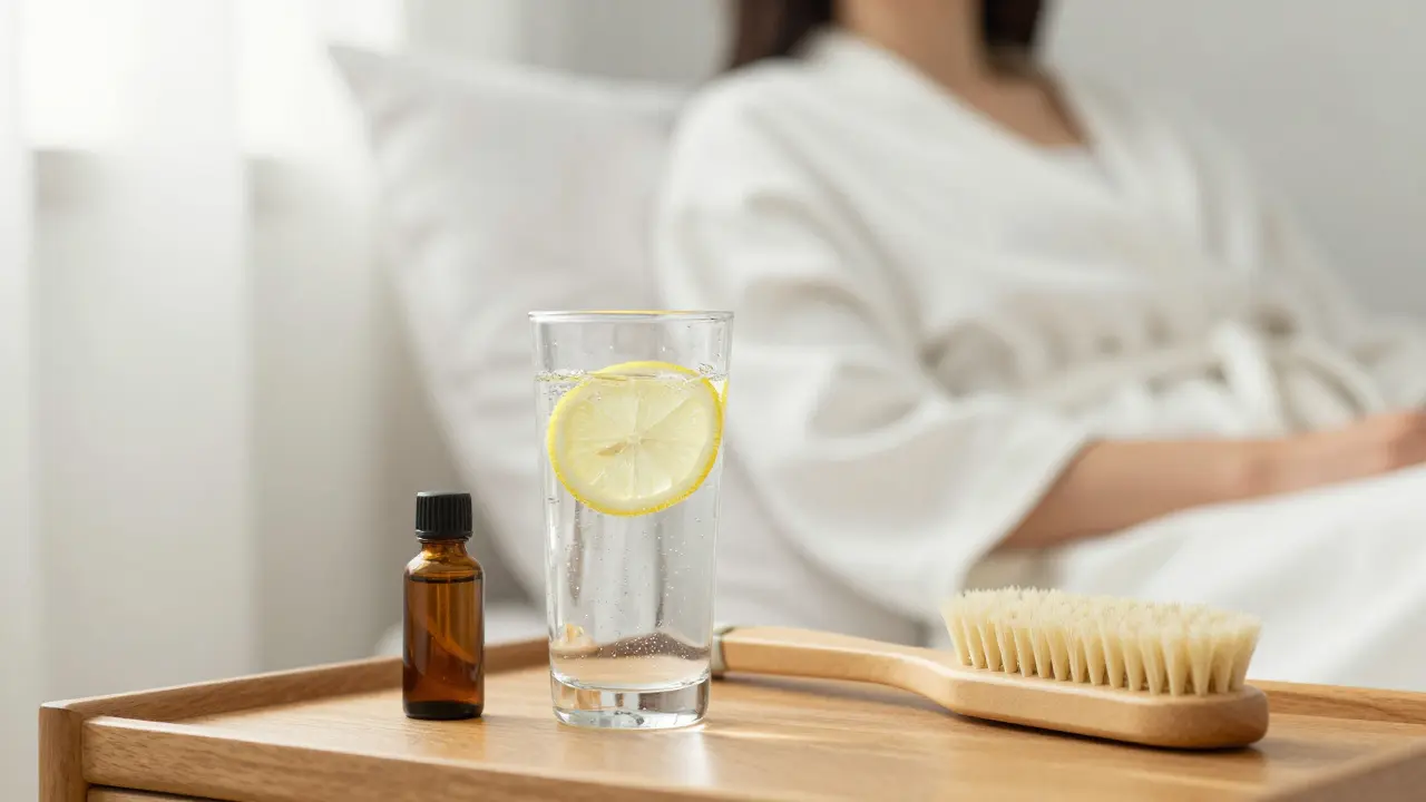 Sklenice vody, masážní kartáč a olej pro péči o tělo.