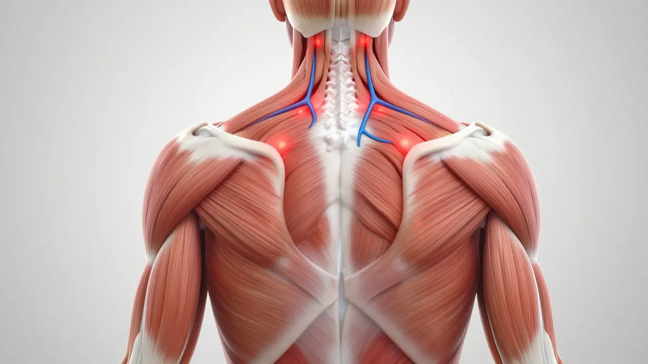 Anatomická ilustrace trigger bodů v zádech