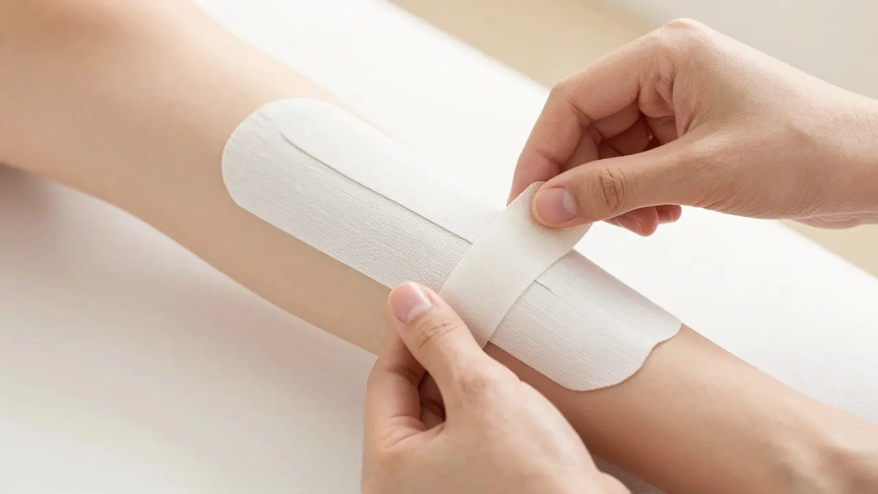 Ruce aplikují kinesiotape na předloktí bez tahu na kotvě