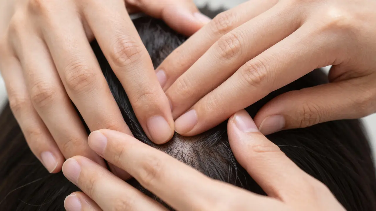 Detailní záběr prstů masírujících pokožku hlavy