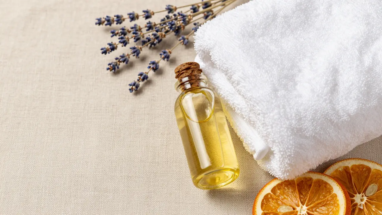Masážní olej, ručník a přírodní ingredience pro přípravu na domácí péči