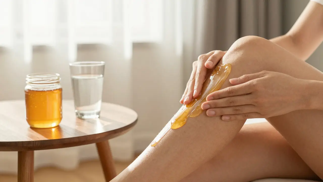 Ruce aplikují med na lýtko při domácí masáži pro lepší prokrvení.