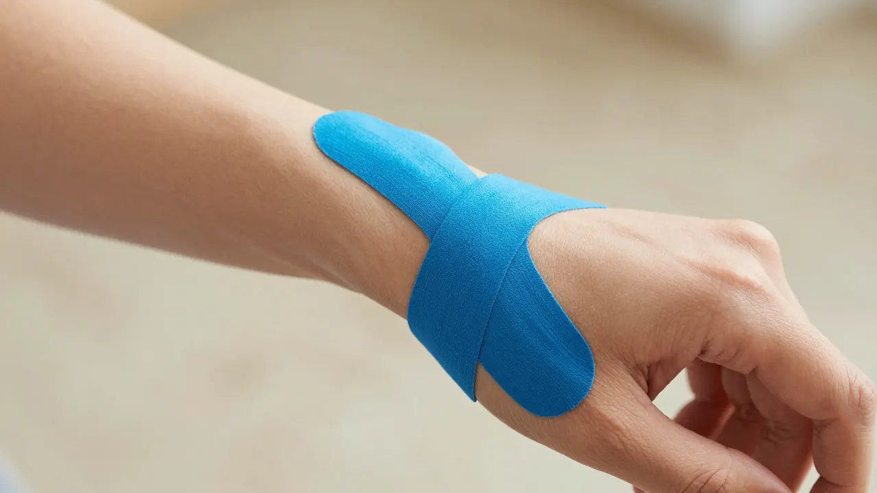 Aplikace Y-tejpování na zápěstí pro podporu svalů a úlevu od bolesti.