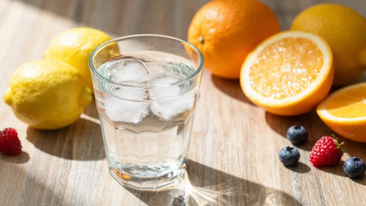 Sklenice vody a čerstvé ovoce symbolizující hydrataci a zdraví