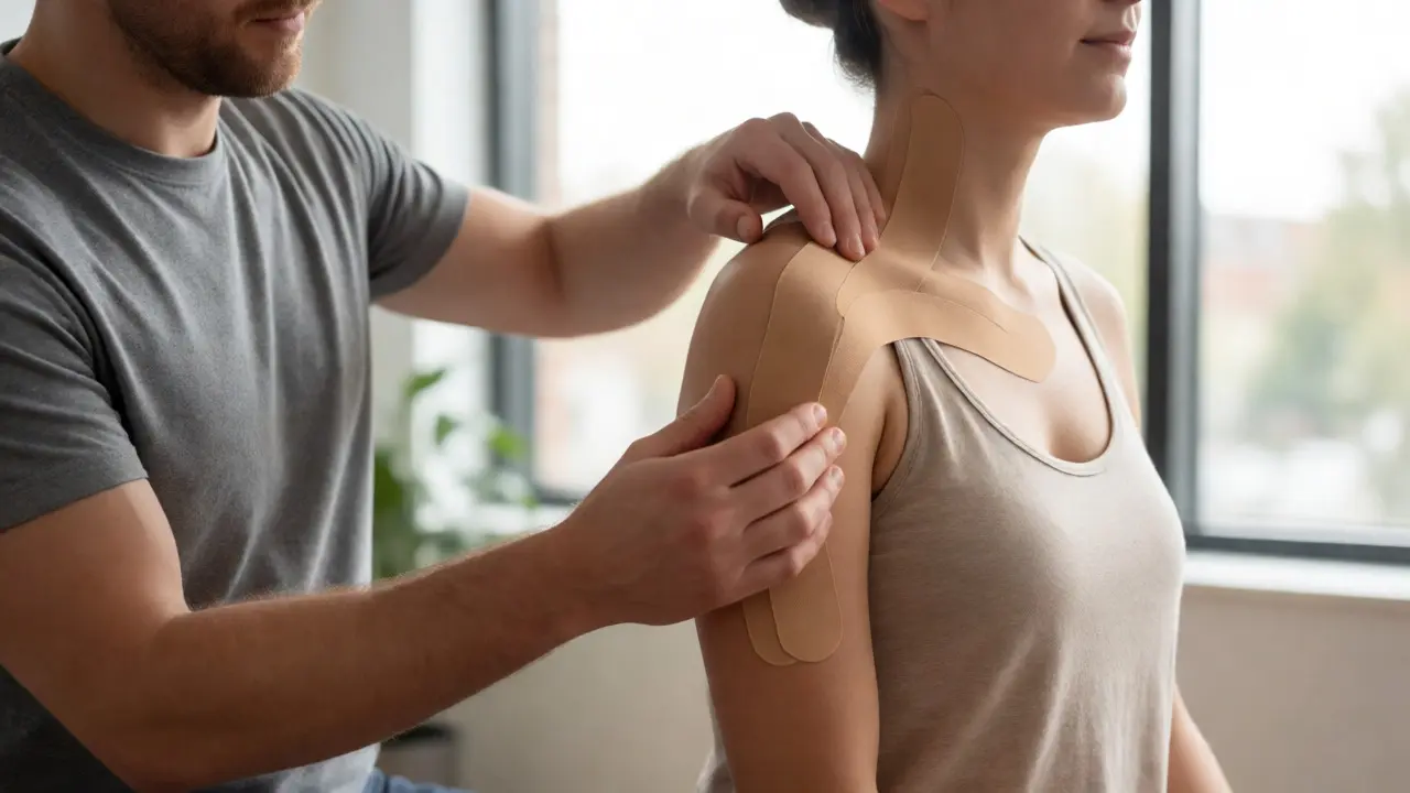 Fyzioterapeut aplikuje béžový kinesiotape na rameno pacienta v klinice.