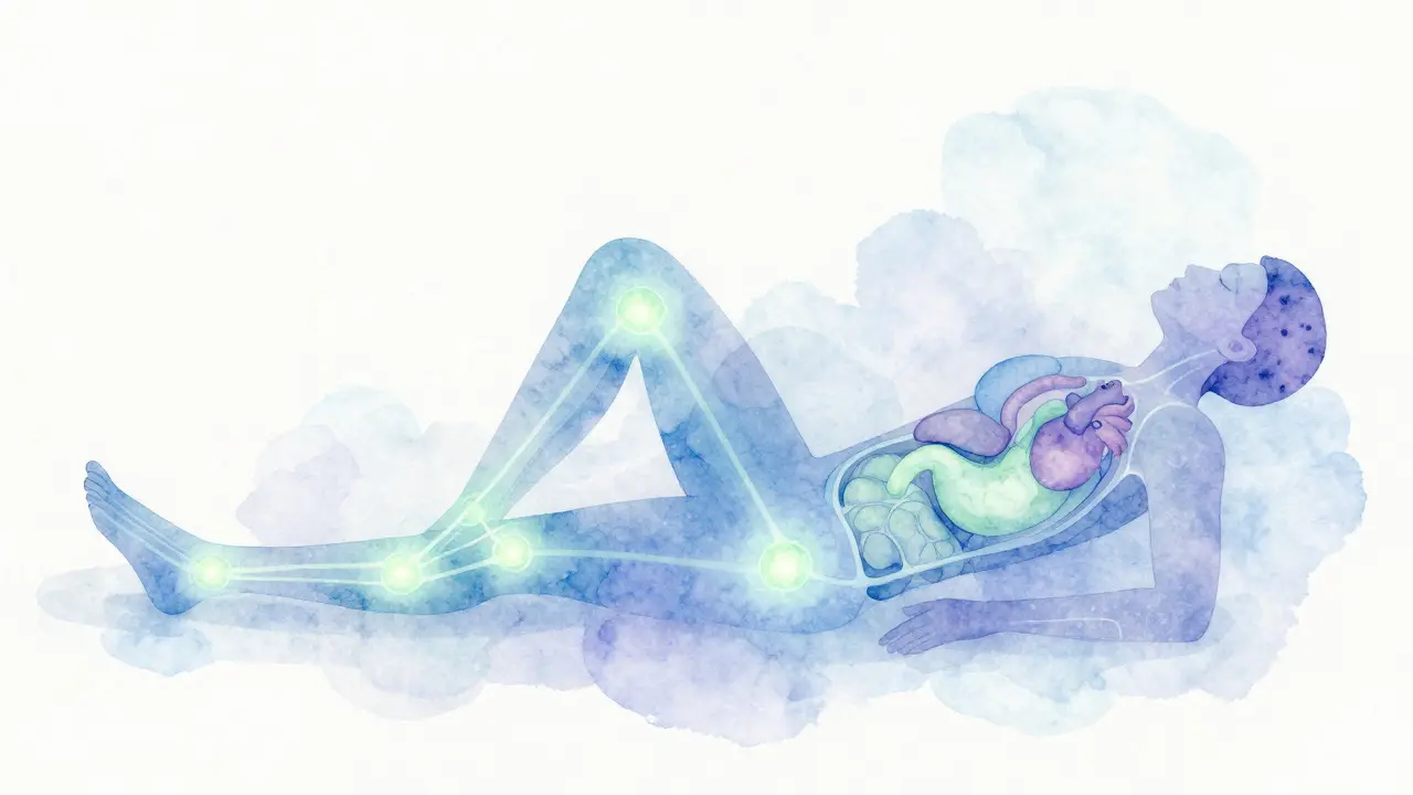 Ilustrace spojení bodů na noze s orgány pomocí energetických linií