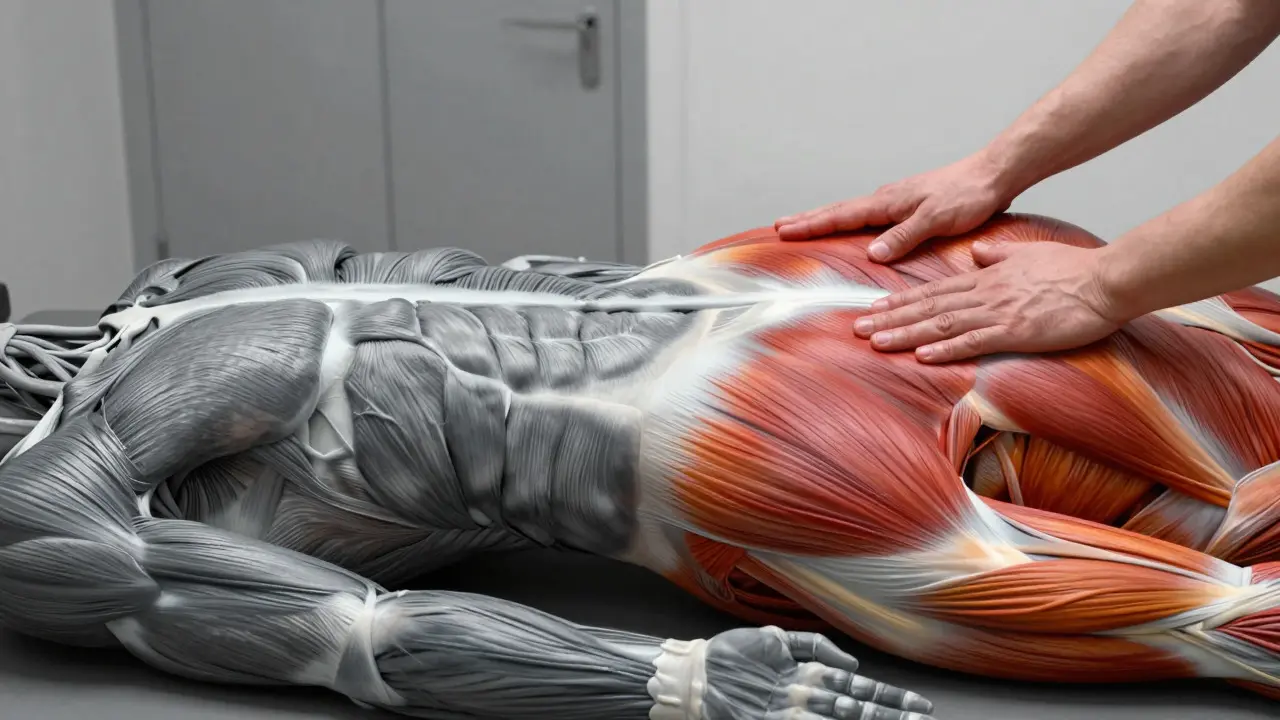 Konceptuální zobrazení uvolnění svalů a fascií po rehabilitační masáži
