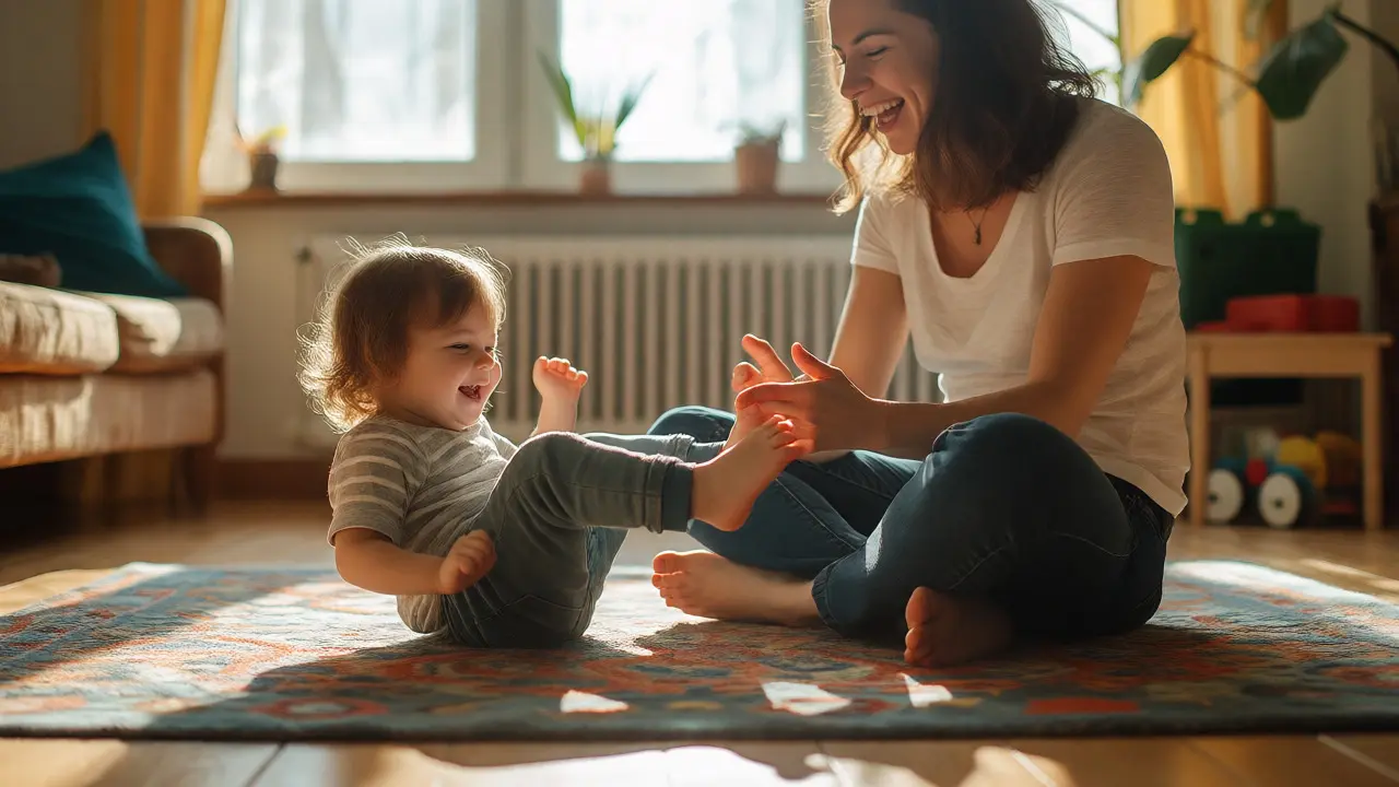 Hravá masáž nohou batolatu v obýváku s úsměvy a aktivním zapojením dítěte