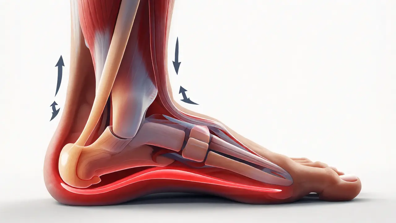 Anatomické znázornění napětí lýtka a plantární fascie