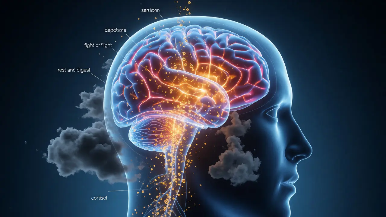 Konceptuální vizualizace uvolňování serotoninu a dopaminu v mozku při masáži